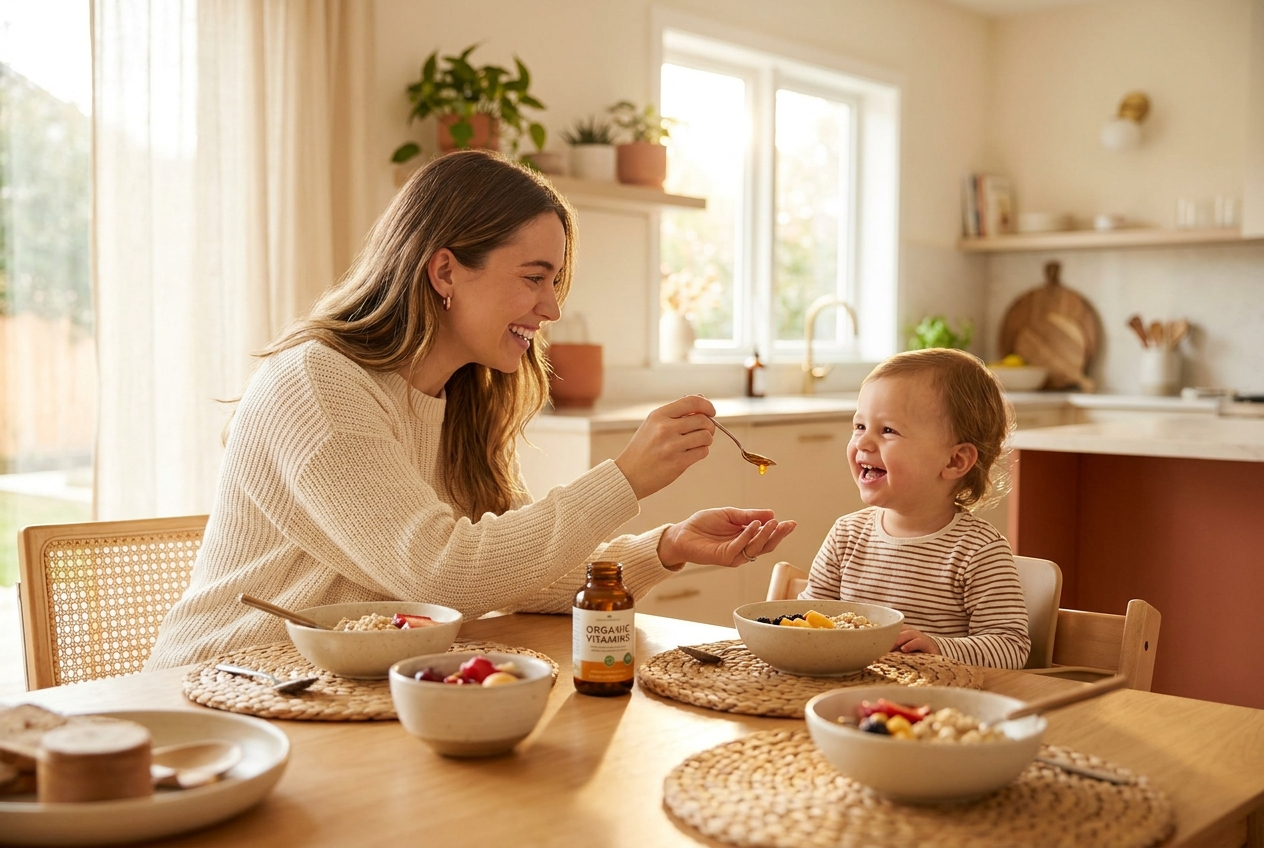 A parent and child at breakfast, from the DocVites explainer video