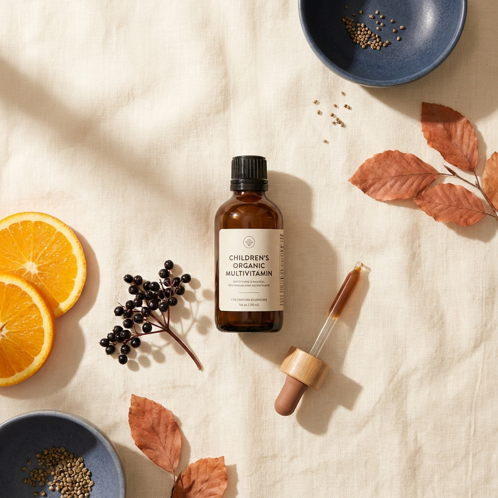 Amber bottle of DocVites organic liquid multivitamin styled with orange slices on cream linen
