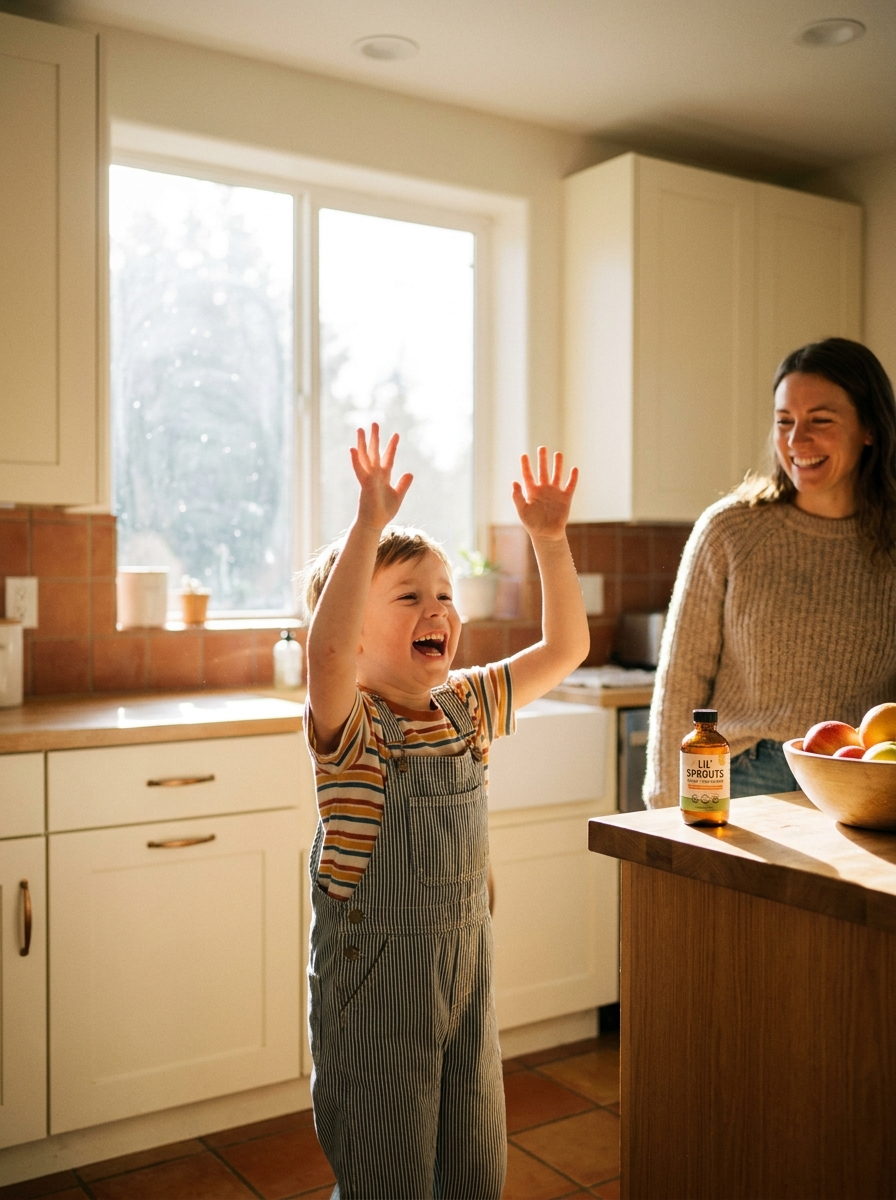 A child laughing in a sunlit kitchen, DocVites bottle on the counter